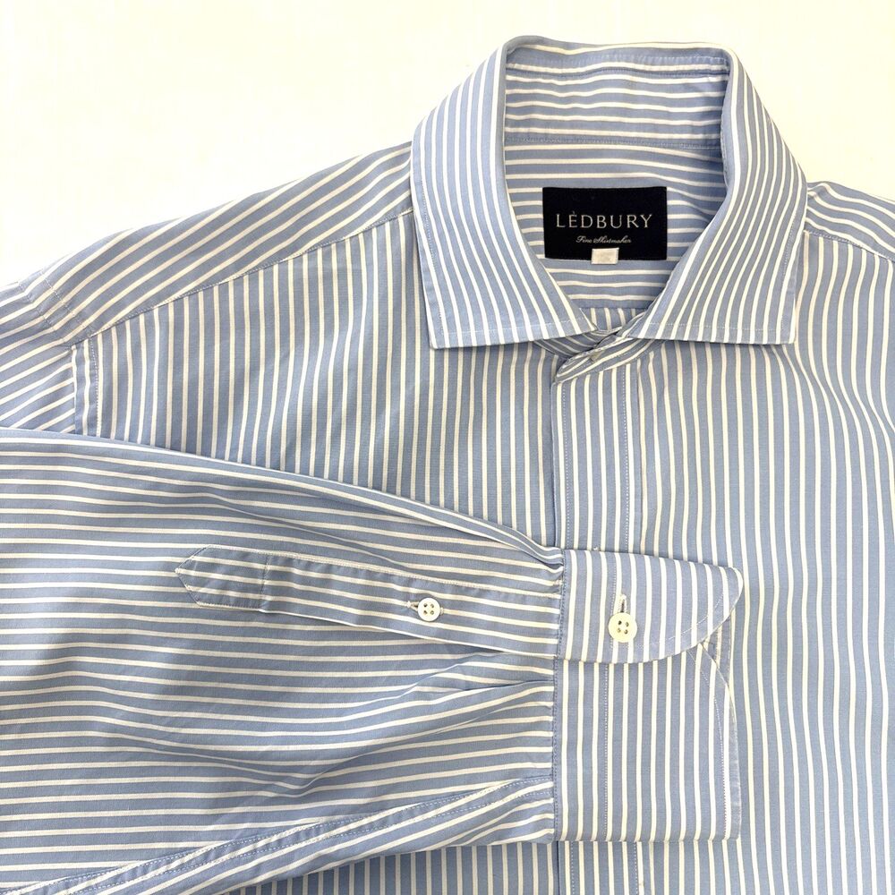 Ledbury Shirt Blue White Stripe Tailored Fit Long Sleeve Button up Mens 16 1/2